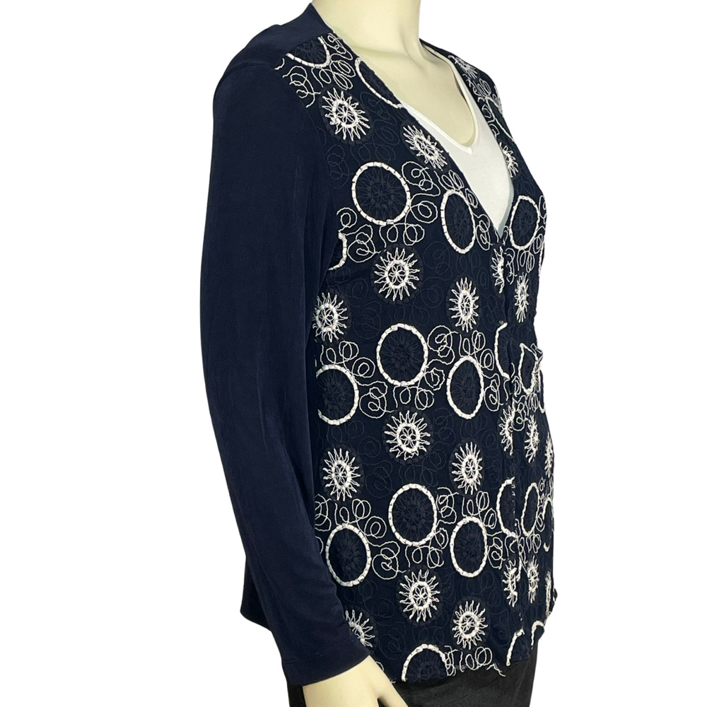 Chico's Travelers Sz 2 L 12-14 Open Cardigan Embroidered Slinky Knit Navy Blue - Picture 3 of 9